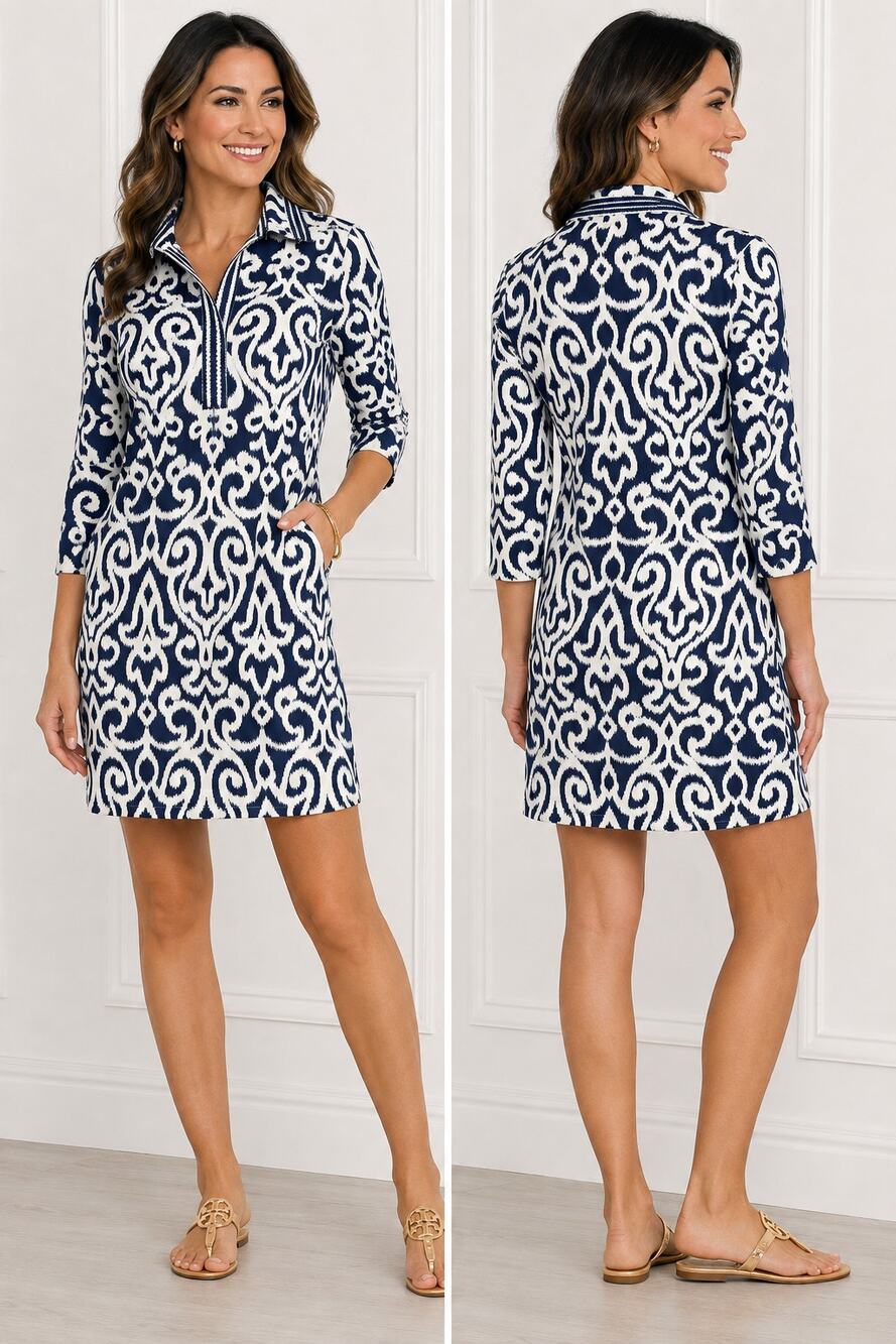 Gretchen Scott Navy White Ikat 3/4 Sleeve Quarter Zip Dress XS Stretch